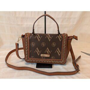 Adrienne Vittadini Brown Monogram Chain Strap Crossbody Bag Faux Leather